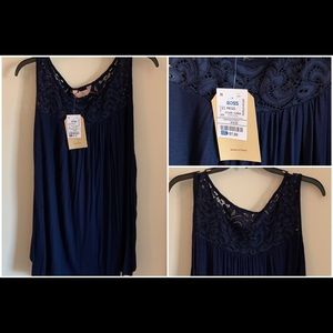 Blue tank top lace neck detail NWT